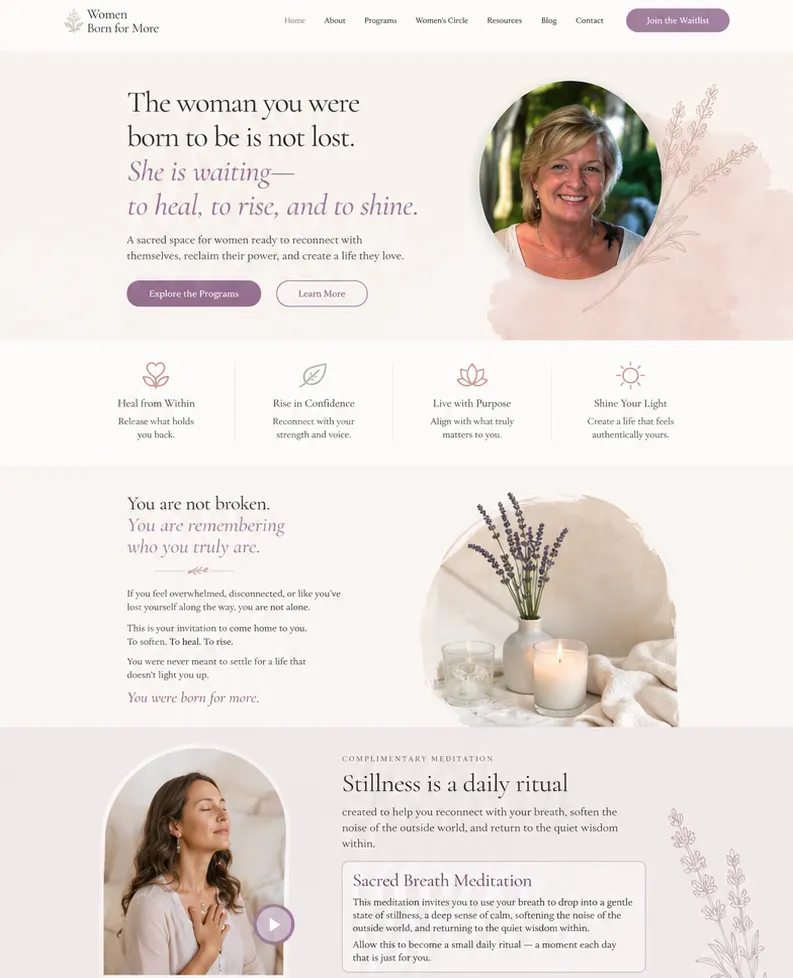 Women Born For More homepage with a portrait of Tracie Taft and the headline The Woman You Were Born To Be Is Not Lost