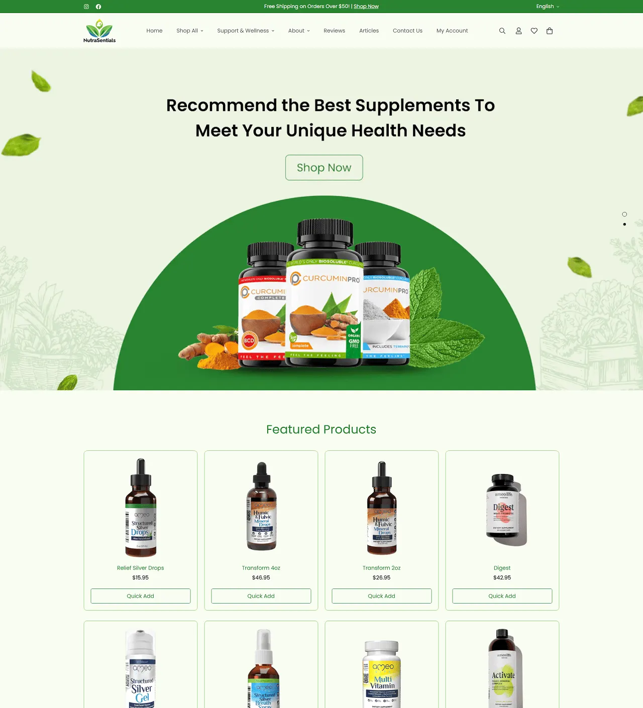 NutraSentials homepage on desktop