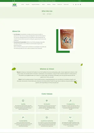 NutraSentials about page with mission, vision and core values