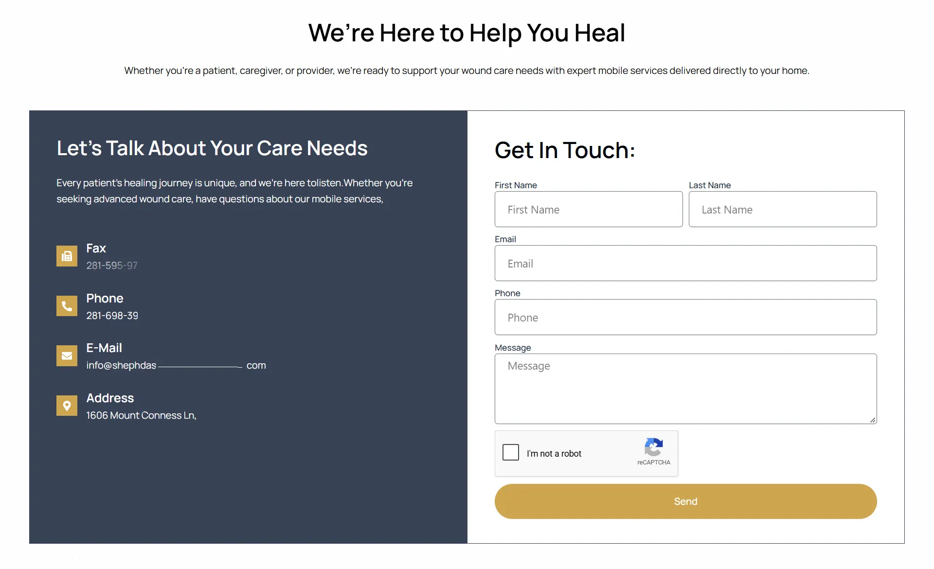 Booking page with phone and email details beside a Get In Touch form