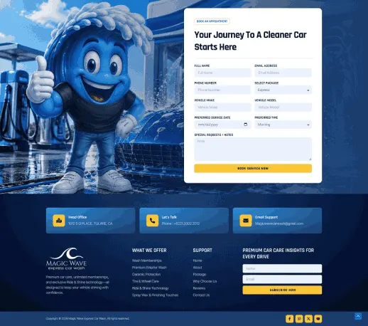 Booking form titled Your Journey To A Cleaner Car Starts Here, above the site footer