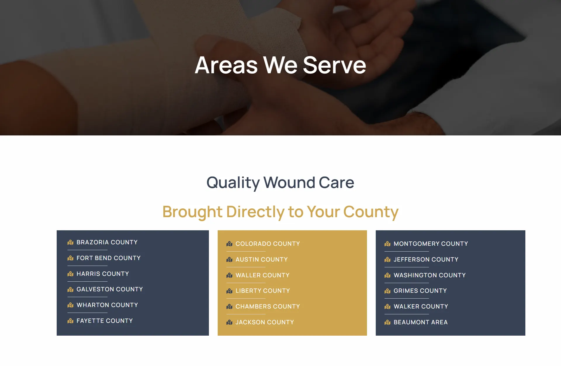 Areas We Serve page listing the Texas counties ShephDa Signature covers, including Brazoria, Fort Bend and Harris