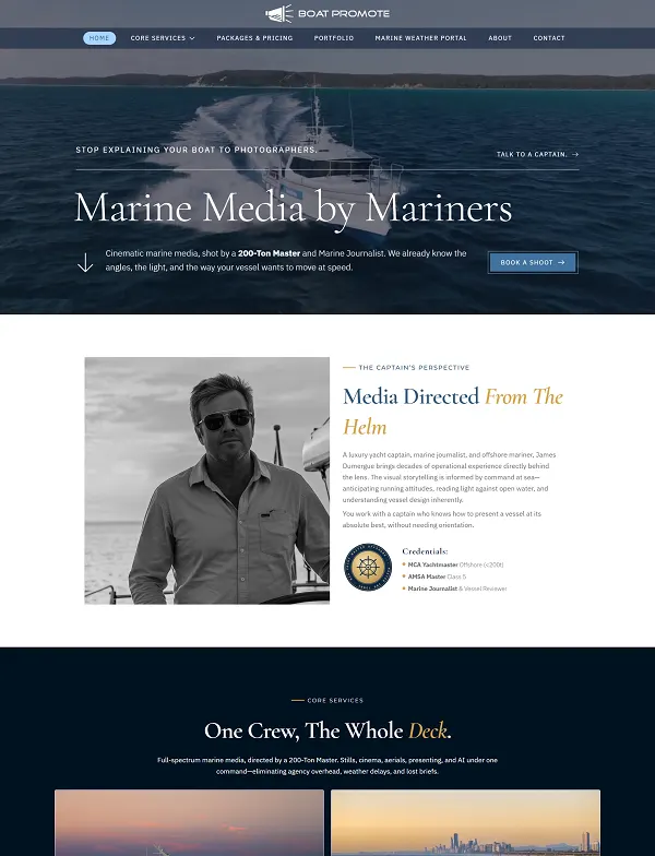 Boat Promote homepage with a yacht at sea under the headline Marine Media by Mariners, above a photo of Captain James Dumergue