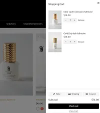 Beautellionaire cart drawer with lash adhesives and a checkout button