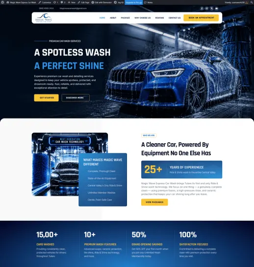 Magic Wave homepage with a blue car in the wash bay and the headline A Spotless Wash, A Perfect Shine