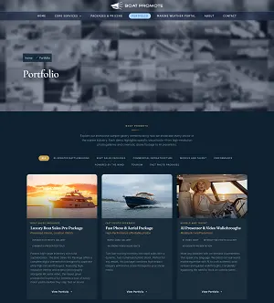 Portfolio page with category filters above project cards for yacht shoots
