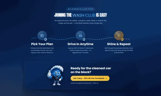 Three-step section on joining the wash club: pick a plan, drive in anytime, shine and repeat