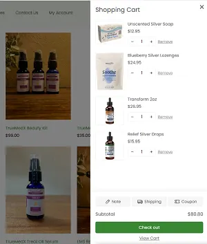 NutraSentials shopping cart with four products and a checkout button