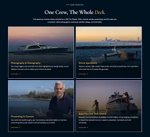 Core services section titled One Crew, The Whole Deck, with cards for photography, drone work, presenting and the tech centre