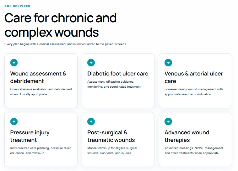 Services page listing six wound care treatments, from wound assessment to advanced wound therapies