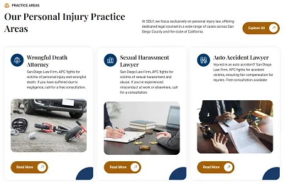 Practice areas page with wrongful death, sexual harassment and auto accident cards