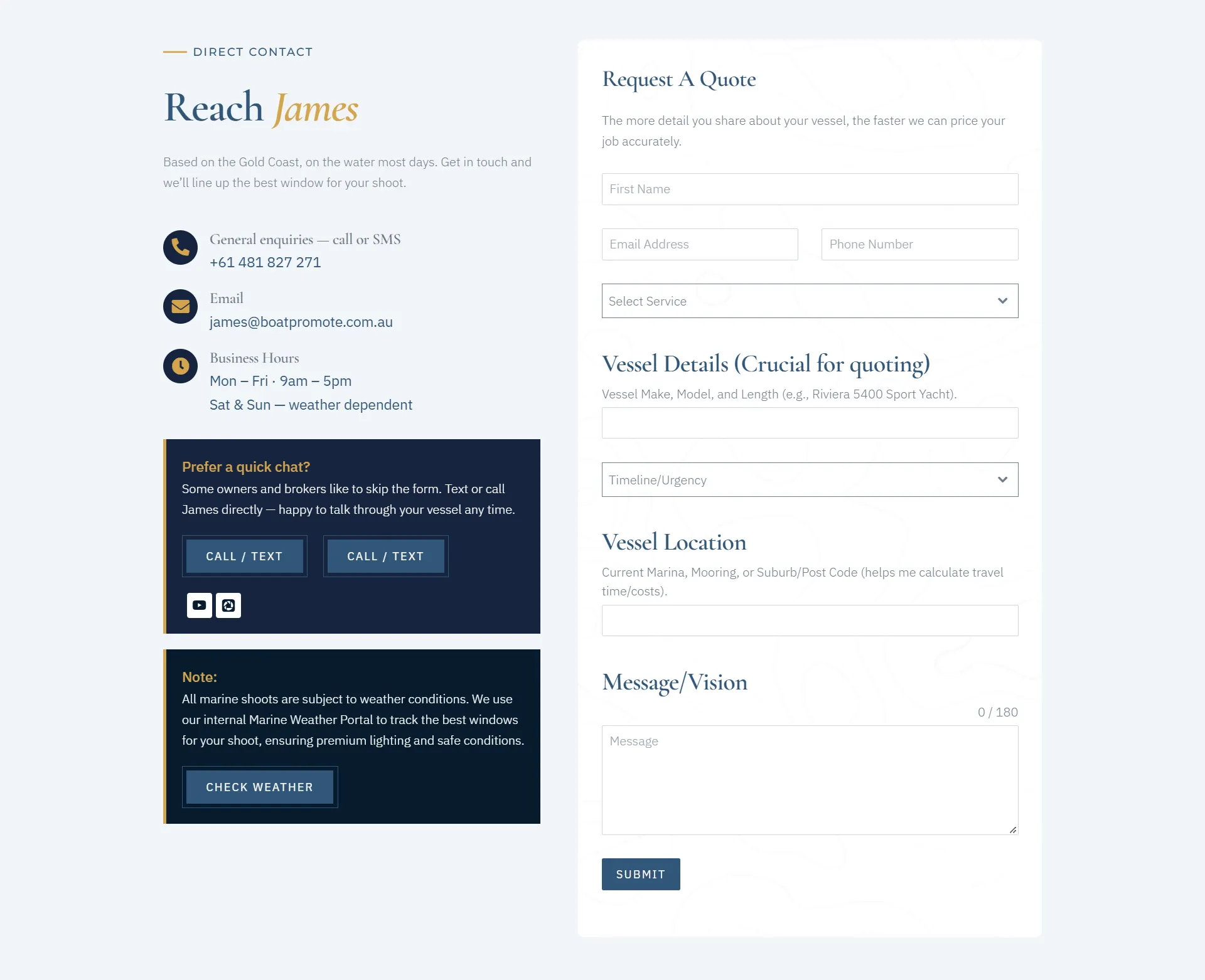 Contact page titled Reach James with phone, email and business hours beside a quote request form