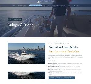 Packages and pricing page with a motor yacht at speed and the heading Professional Boat Media