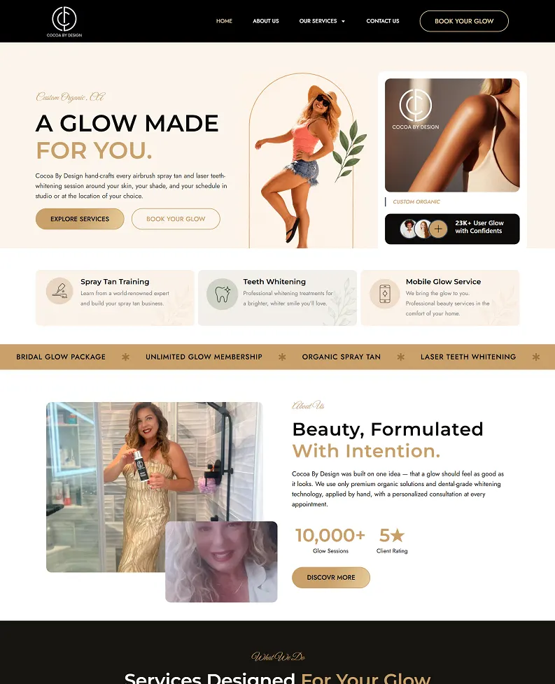 Cocoa By Design homepage with the headline A Glow Made For You and buttons to explore services and book