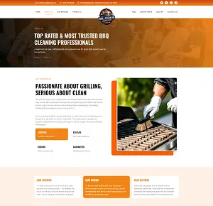 About page introducing the Grill Clean Up team beside a photo of a grill grate being scrubbed