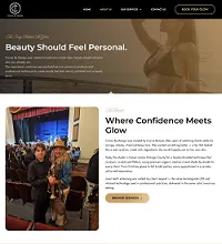 About page with a photo of the owner and the heading Where Confidence Meets Glow