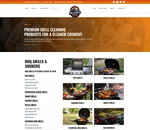 Products page listing BBQ grills and smokers by type, including gas, pellet and kamado grills
