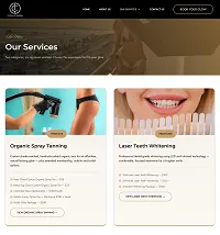 Services page with cards for organic spray tanning and laser teeth whitening