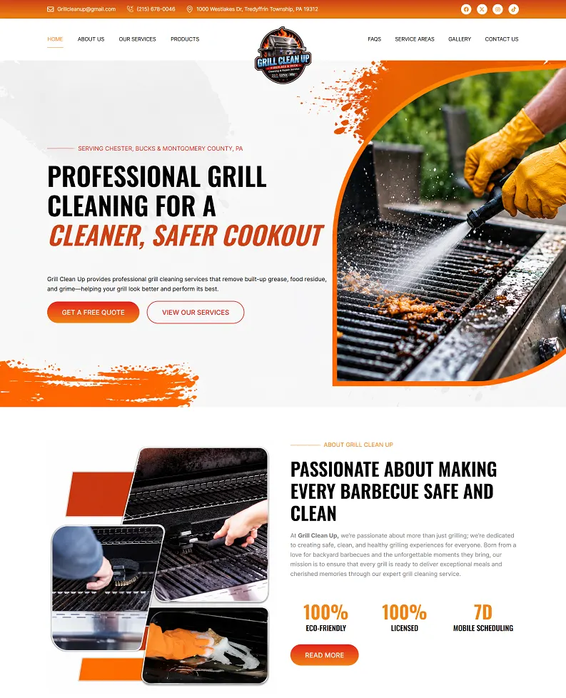 Grill Clean Up homepage with a grill being pressure washed and the headline Professional Grill Cleaning For A Cleaner, Safer Cookout